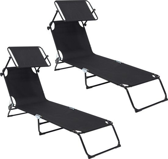 Infinity Goods Ligbed met Zonnescherm - Opvouwbaar - Set van 2 - Zwart