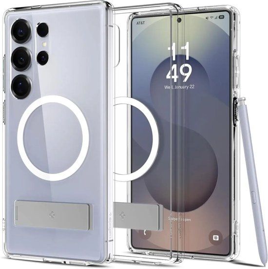 Spigen Ultra Hybrid S MagFit - Hoesje Geschikt voor Samsung Galaxy S25 Ultra - Compatibel met MagSafe en Qi2 - Back Cover met Air Cushion - Uitklapbare Standaard - Wit
