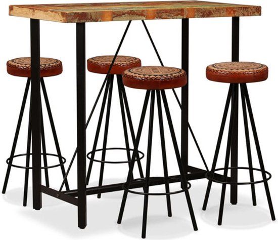 vidaXL Barset - Massief Gerecycled Hout, Echt Leer en Canvas - 5-delig