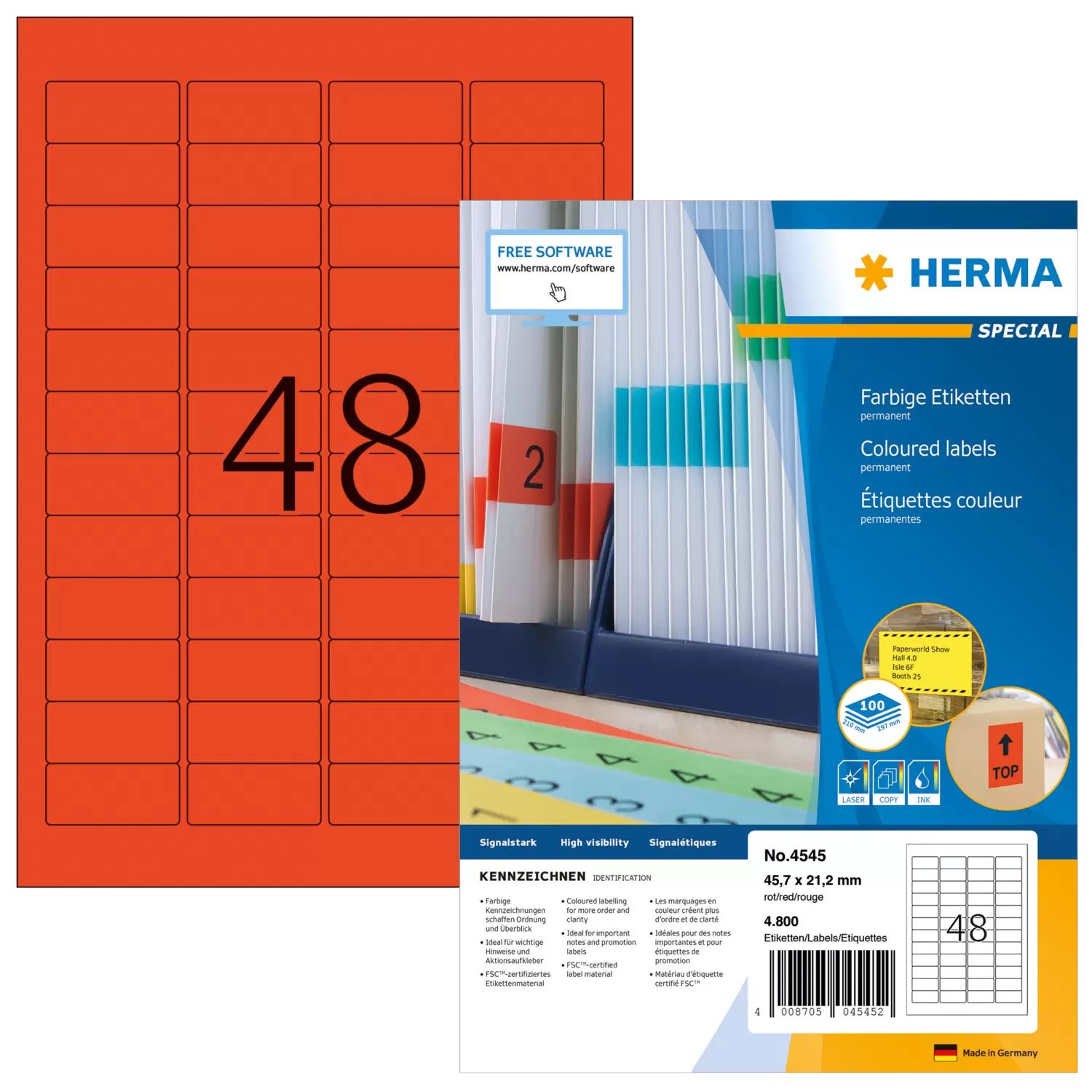HERMA 4545 Red Rectangle Labels - A4 - 4800 Labels