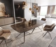 DELIFE Table de salle à manger Edge Boot Céramique Emperador Extra Lucidato Brun foncé 240x120 Estelar rond Acier inoxydable