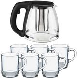 Merkloos Thee drinken set - Glazen theepot met infuser - 1,2 liter - met 6x stuks theeglazen - van 260 ml
