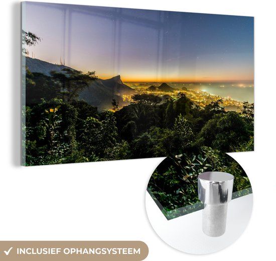 MuchoWow® Glasschilderij 120x60 cm - Verlichtingen bij de kust van het Floresta da Tijuca - Foto op glas - Acrylaat - Multicolor - Rechthoek