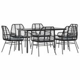 vidaXL 7-delige tuinset met kussens, zwart, polyrotan, glas