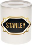 Bellatio Decorations Stanley Spaarpot met voornaam Stanley - wit - met goud/zwart embleem - 8 x 9 cm - keramiek - met afsluitdop - cadeau verjaardag