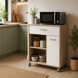 Demeyere CBA - Mint Keukentrolley – Magnetronkast – 81 cm – Eiken/Wit – Op Wieltjes