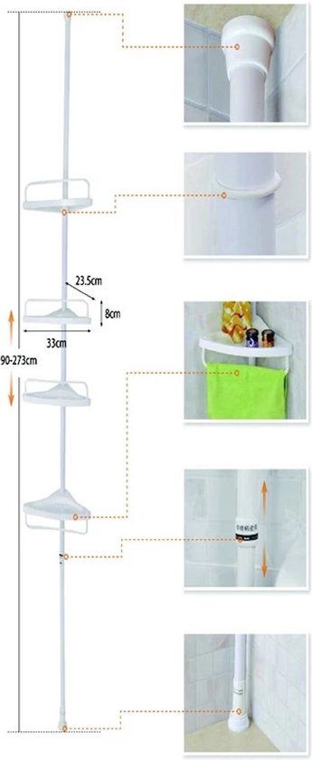 Decopatent Decopatent® Telescopisch Doucherek 4 Lagen - Uitschuifbaar 70-248 Cm - Zonder boren - Badkamerrek - Bad Douche Hoekrek Opbergrek