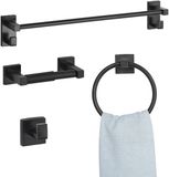 VEVOR Badkamer Hardware Accessoireset Van Sus201 Roestvrij Staal (4-Delig) Inclusief Handdoekhouder & Handdoekhouder (Ronde Ring) & Haak & Toiletrolhouder, voor Badkamer, Wandmontage, Zwart