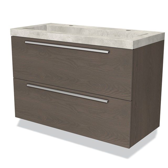 Maxaro Badkamermeubel 100cm Modulo Donkerbruin Eiken 2 Lades Vlak Wastafel Beton Greige