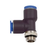 Riegler T-steeksluiting. »Blauwe serie«, L-vorm, draaibaar, G 1/2 a., voor buitenslang Ø 6 mm, werkdr. Maximale 15 bar, kunststof/MS vern.
