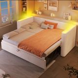 STILVORA Eenpersoonsbed 90x200 cm – Uittrekbed 2-in-1 Tot 180x200 cm – App-LED & Handmatige Bediening – Fluweel MDF – Beige – Zonder Matras