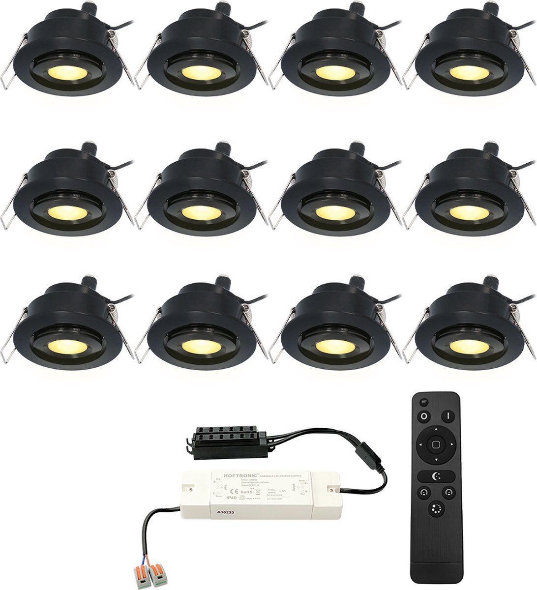 HOFTRONIC Set van 12 Sienna - LED Inbouwspot voor veranda, overkapping en badkamer - Zwart - 12 volt - Incl. afstandsbediening - Dimbaar en kantelbaar - 3 Watt 200 lumen - Zaagmaat: Ø 44 mm - extra plat 30mm - 2700K Warm wit - IP44 waterdicht