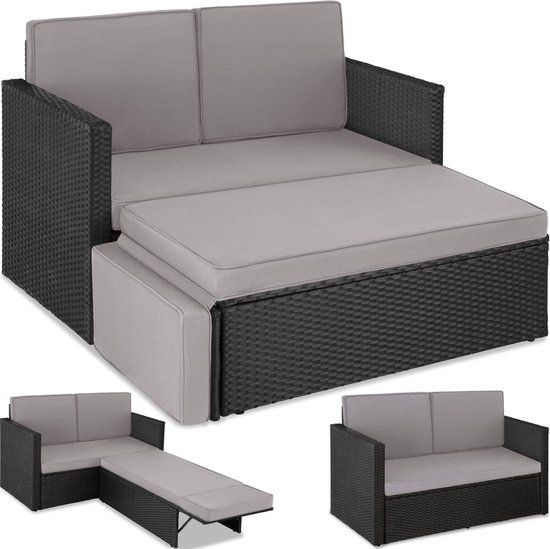 tectake® Wicker Loungesofa - 2-zits Fauteuil met Kruk en Slaapfunctie - Zwart/Grijs