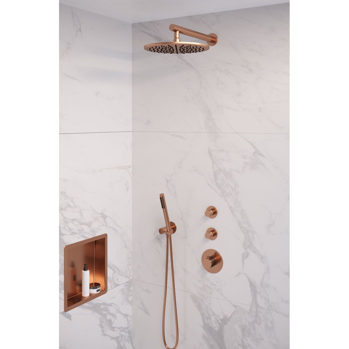 Brauer Thermostatische Inbouwdoucheset Koper 30cm Hoofddouche Wandarm Staafhanddouche