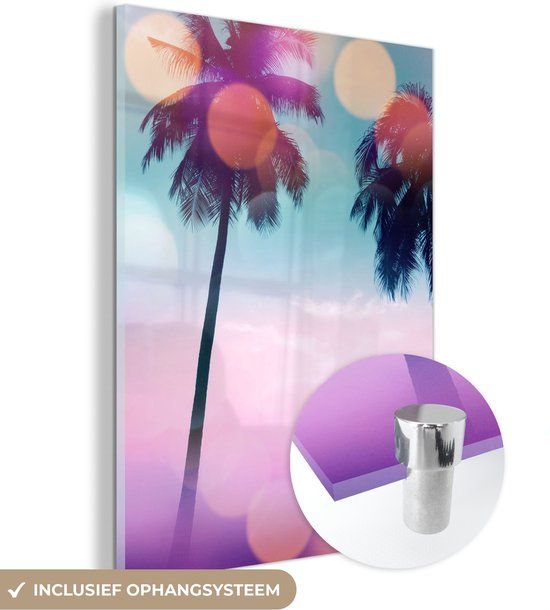 MuchoWow® Glass Painting 30x40 cm - Acrylic Glass Painting - Summer - Palms - Sky - Pink - Photo on Glass - Paintings