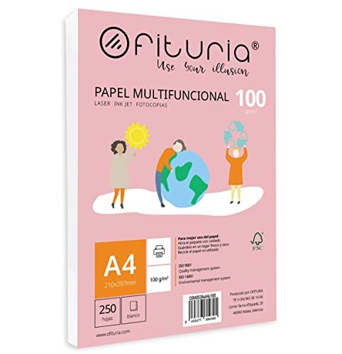 OFITURIA Verpakking met A4-vellen, 100 g, met 250 witte vellen, multifunctioneel papier voor school- en werkomgevingen, ideaal voor laser-, inkjet- of kopieerapparaten, Opituria