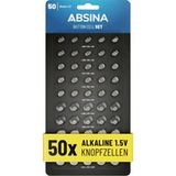 ABSINA Set van 50 verschillende knoopcellen, 10 x AG1 LR621, AG4 LR66, AG10 LR1130/15 x AG3 LR41/5 x AG13 LR44, knoopcellen, assortiment 1,5 V, platte batterijen, batterij horloge