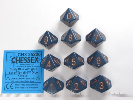 Chessex dobbelstenen set 10 10-zijdig Opaque Dusty Blue w/gold