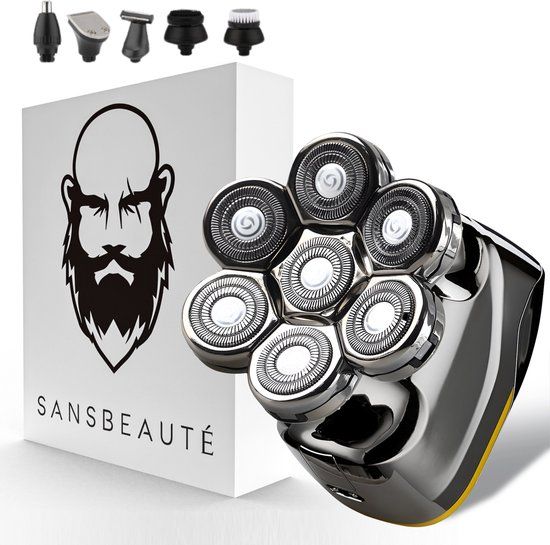 Sansbeauté 6-in-1 Scheerapparaat Mannen – Trimmer - SkullSharp V2 | 7 Head - Nat & Droog - Electric Face Head & Hair Shaver