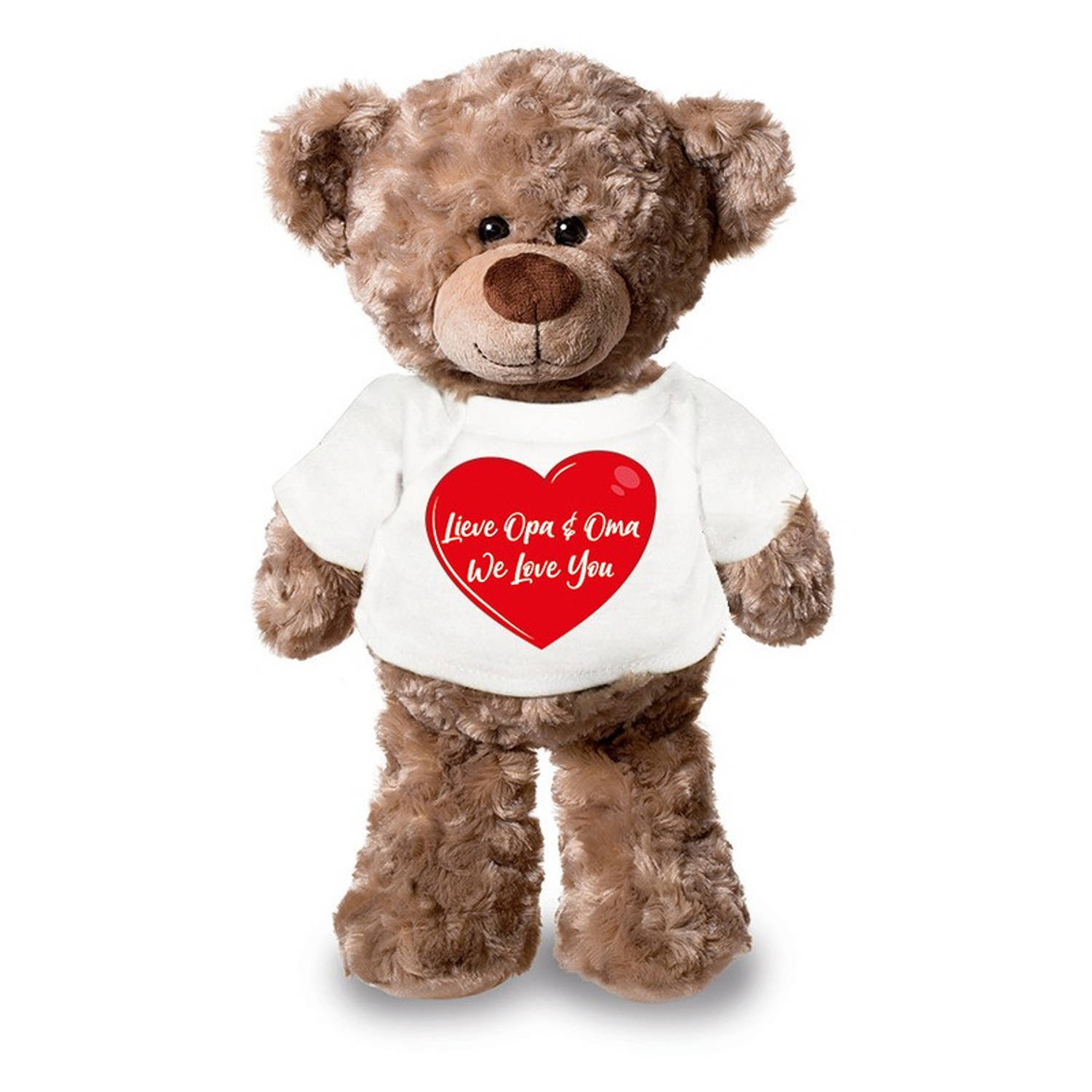 Bellatio Decorations Lieve oma en opa we love you pluche teddybeer knuffel 24 cm wit t-shirt met rood hartje - lieve oma en opa we love you / cadeau knuffelbeer