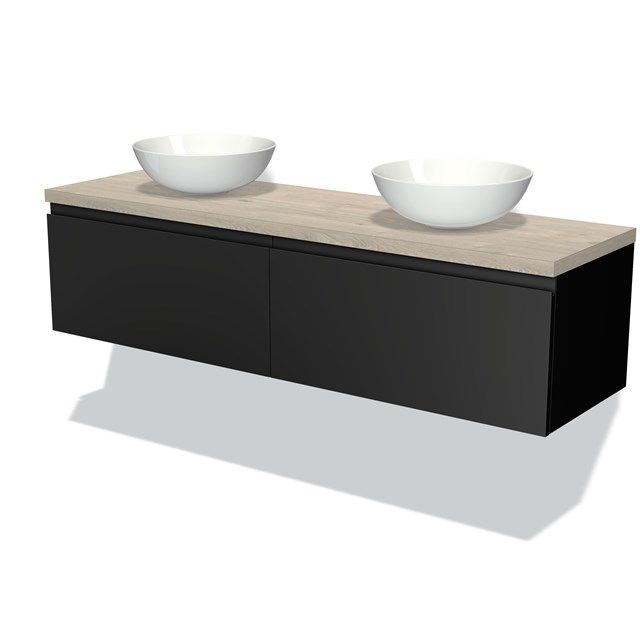 Maxaro Badkamermeubel Modulo Plato 160cm Mat Zwart 2 Lades Lichtgrijs Eiken