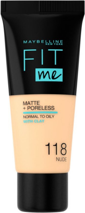 Maybelline Fit Me Matte & Poreless Foundation 118 Nude – medium dekkende foundation voor normale tot vette huid met matte finish – foundations op waterbasis die zichtbaar poriën verkleinen - 30 ml