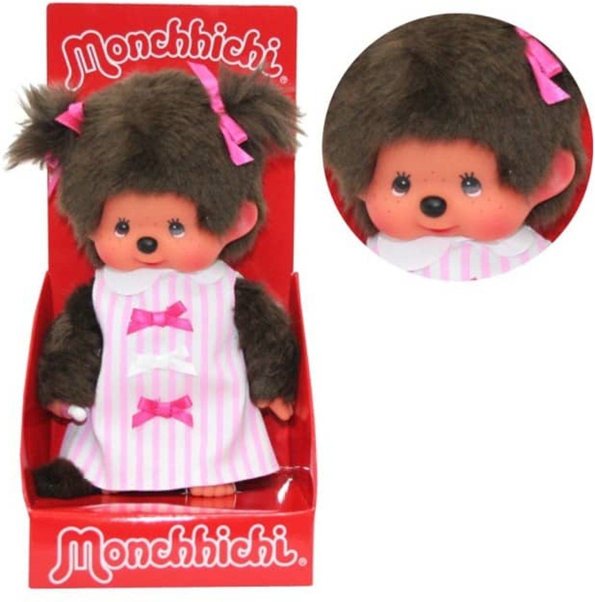 Sekiguchi Monchhichi Meisje met Roos Gestreept Jurkje 20 cm