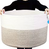 Casaphoria Katoenen touwmand voor woonkamer, geweven opbergmand met handvat voor dekens, handdoeken en kussens, wasmand, wit en bruin (22" x 22" x 14", XXXL)