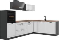 Vicco Hoekkeuken R-Line, Wit landelijk/Antraciet, 287 cm met goudkleurig eiken werkblad