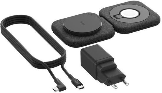 Belkin BoostCharge Pro Magnetisch laadstation, 2-in-1, draagbaar, Qi2-oplader, MagSafe-compatibel, opvouwbaar, gecertificeerde draadloze oplader, voor iPhone 17, Air, Pixelsnap, Apple Watch 11, AirPods