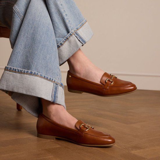 No Stress Dames Cognac Leren Loafers met Gouden Chain Maat 38