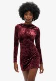 Superdry Fluwelen Mini-jurk met Lange Mouwen Dames Maroon Crush