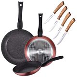 PAKKET VAN 3 Koekenpannen Ø20/24 en 28 cm + 4 STUKS SET CHULETERO MESSEN