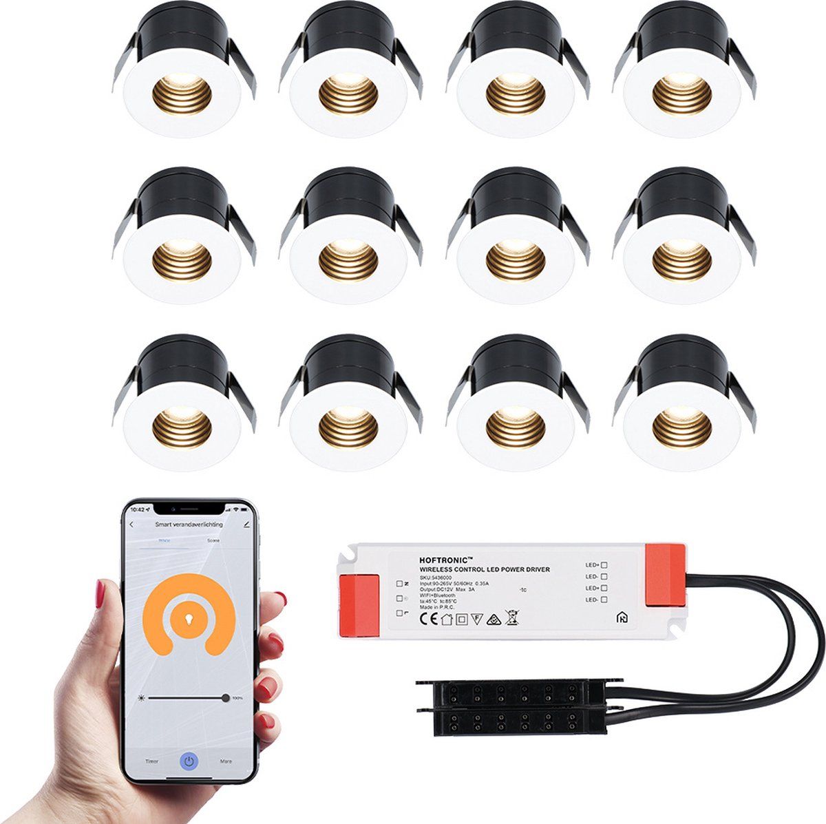 HOFTRONIC 12x Betty witte Smart LED Inbouwspots complete set - Wifi & Bluetooth - 12V - 3 Watt - 2700K warm wit