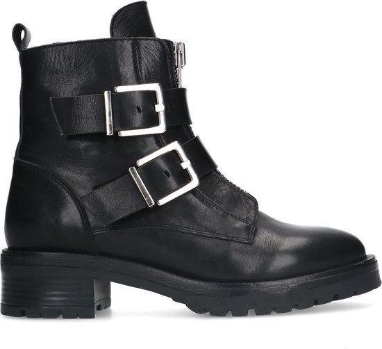 Sacha Dames Zwarte Leren Biker Boots met Zilverkleurige Gespen Maat 42 - 5.3564