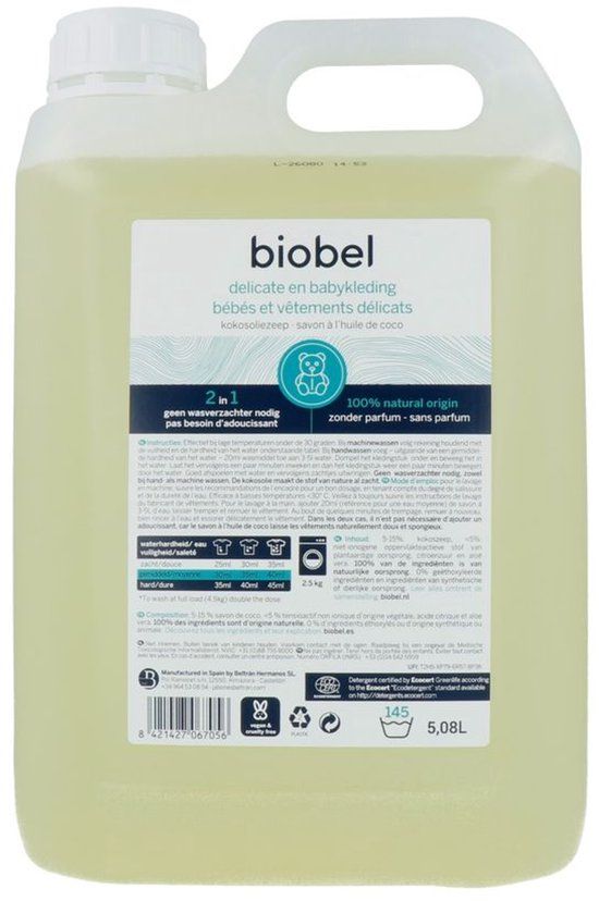 Biobel Vloeibaar Wasmiddel voor Delicate en Babykleding – 5L – 100% Natuurlijk