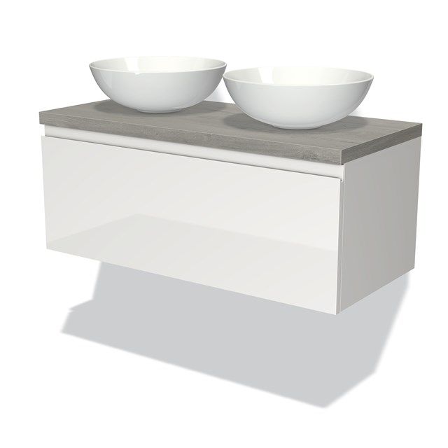 Maxaro Badkamermeubel voor Waskom 100cm Modulo Plato Hoogglans Wit 1 Lade Greeploos Grijs Eiken Blad