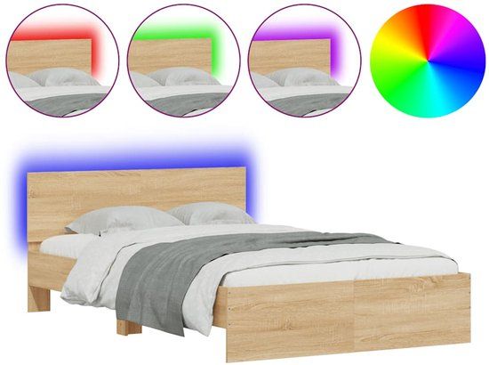 vidaXL Bedframe met hoofdeinde en LED, Sonoma eikenkleurig, 135x190 cm