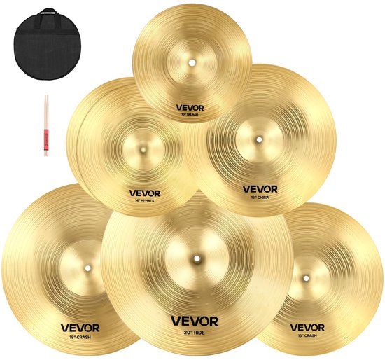 VEVOR Bekkenset 355mm Hihat 400/455mm Crash 505mm Ride 254mm Splash 400mm China (10 14 16 18 20 Inches)