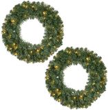 Decoris Couronne de Noël/couronne de sapin verte avec guirlande lumineuse blanc chaud et minuterie 60 cm - 2x
