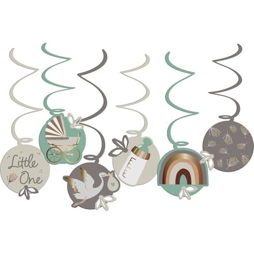 Folat 25016 Shower Decoratie, Babyshower, Groen, Wit Opknoping Decoratie-Blooming Baby Little One-6 stuks, Veelkleurig