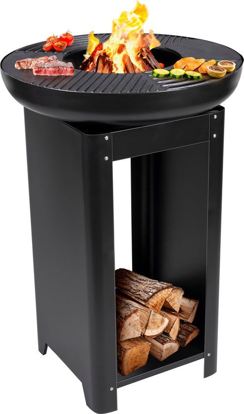 BBQ Collection 3-in-1 Fire Pit and Grill - 61 x 90 cm - with Teppanyaki Grill Plate - Outdoor Fire Pit - Steel