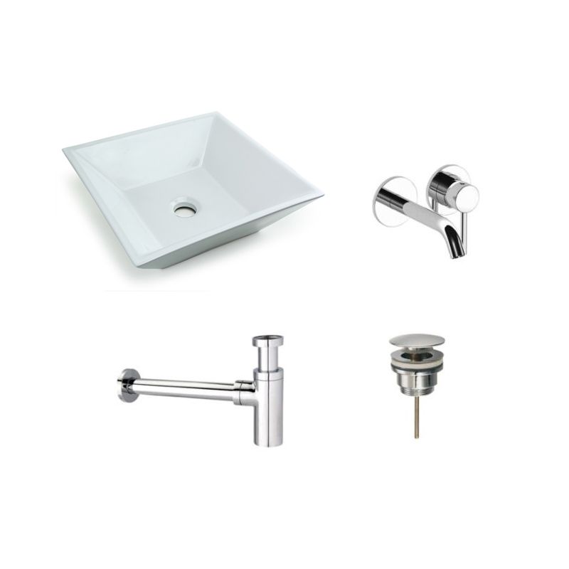 Badkamerplanet Waskomset Keramiek Trento Wit Inbouwkraan Chroom 38,5x38,5x12 cm