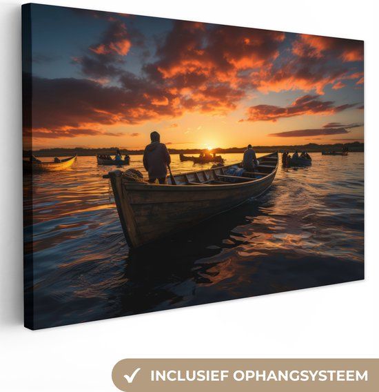 OneMillionCanvasses Canvas Schilderij 140x90 cm - Boten Zonsondergang - Wanddecoratie