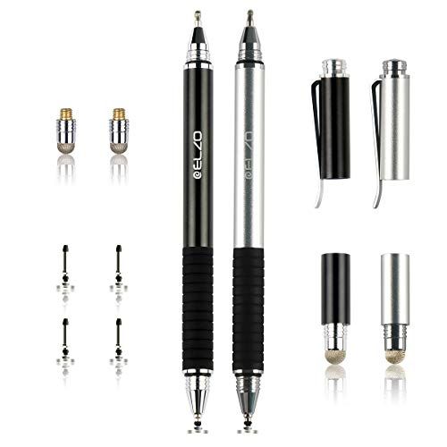 ELZO 3 in 1 Capacitieve Invoerpen Disc Stylus Gel Stift Touchstift 2 Stuks met 4 Verwisselbare Schijfpunten en 2 Verwisselbare Nanofiber Tips voor Touchscreen Tablet en meer (Zwart & Zilver)