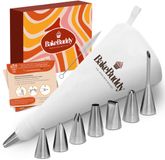 BakeBuddy Premium Spuitzakkenset (11 stuks) - 35 cm katoenen spuitzak met roestvrijstalen spuitmondjes voor het decoreren van taarten, herbruikbaar en vaatwasserbestendig, inclusief adapter en geschenkdoos