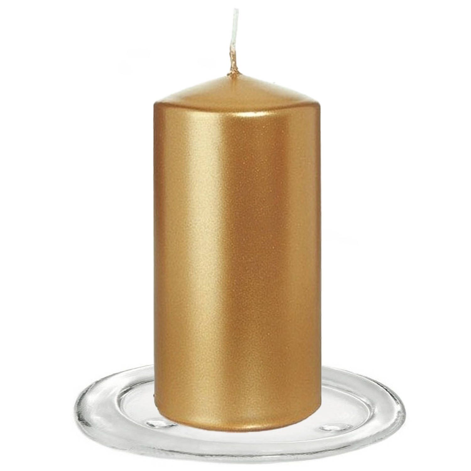 Trend Candles - Stompkaarsen met glazen onderzetters set van 2x goud metallic 6 x 12 cm