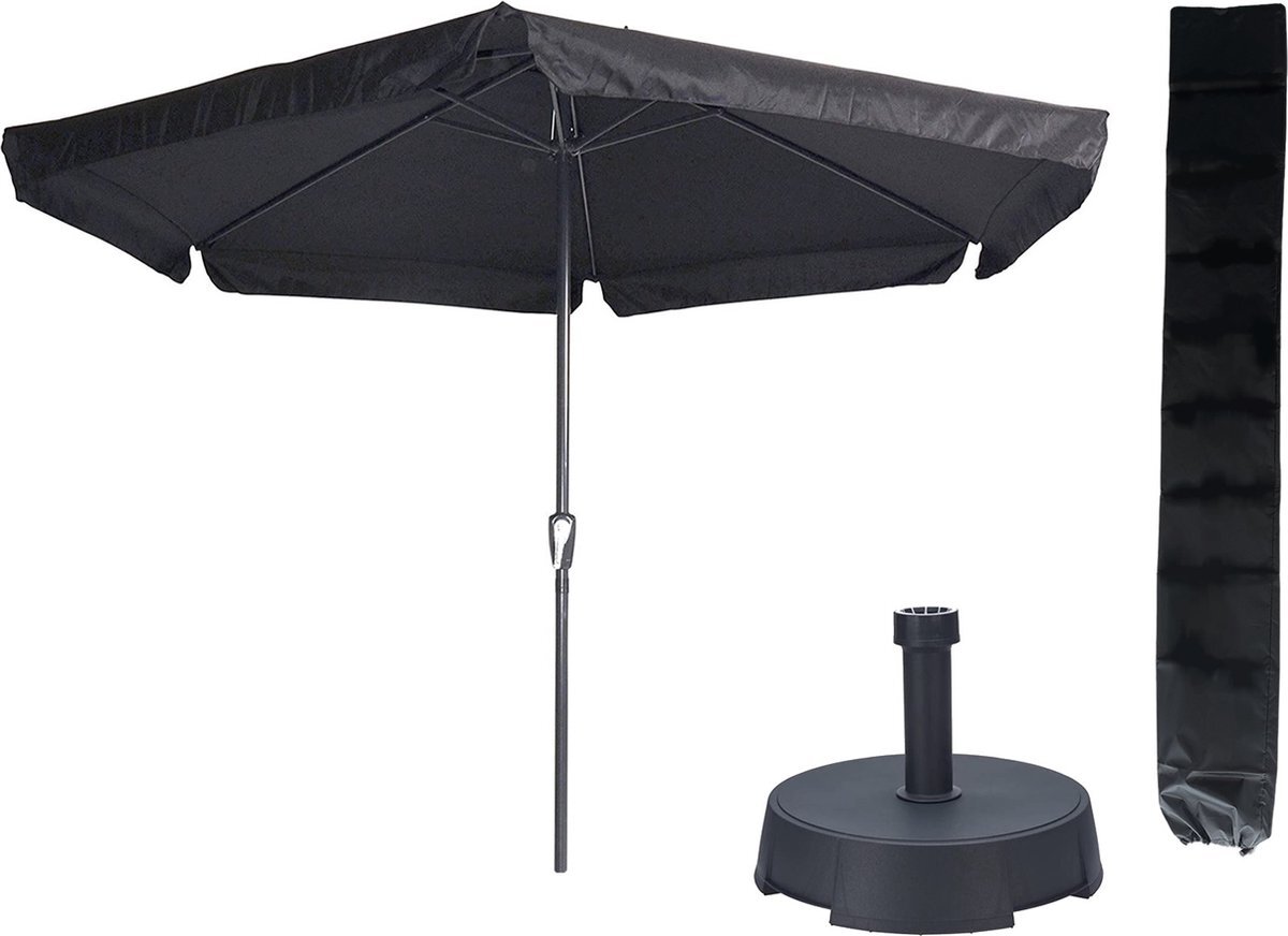 Outdoor Living Parasol Gemini Zwart Ø300 cm + Parasolvoet 25 kg + Kinzo Parasolhoes