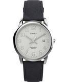 Timex Easy Reader Herenhorloge, 35 mm, zwart leren polsbandje, zilverkleurige kast met witte wijzerplaat