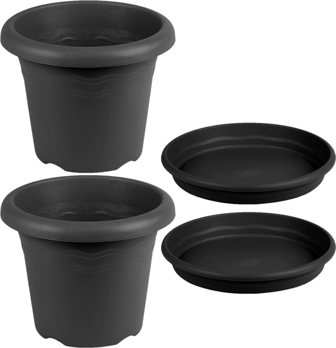 Hega hogar 2x ronde plantenpotten antraciet grijs met opvangschaal 20 cm - Kunststof - Buiten